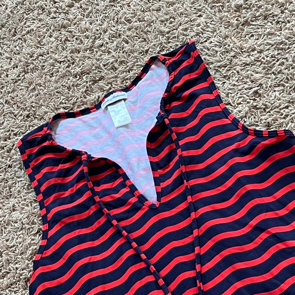 Tommy Bahama Womens Striped Swim Cover Up Dress‎ Tassel V-Neck Blue Red Sz S